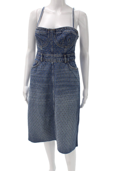Zara Womens Denim Overall Dress Sweetheart Neckline Mid Calf Blue Size XS