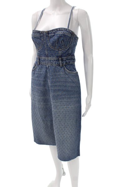 Zara Womens Denim Overall Dress Sweetheart Neckline Mid Calf Blue Size XS