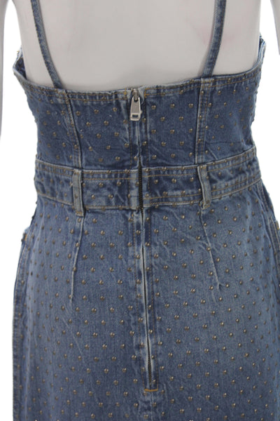 Zara Womens Denim Overall Dress Sweetheart Neckline Mid Calf Blue Size XS