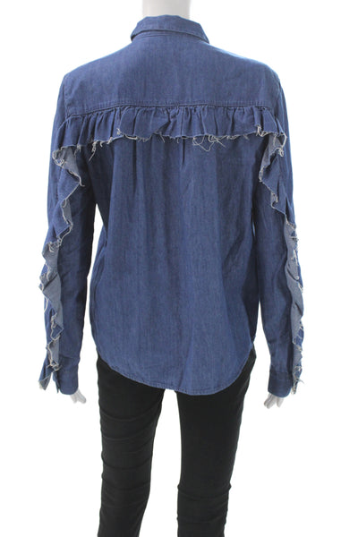 Zara Trafaluc Womens Blue Denim Collared Button-Up Long Sleeve Top Size S