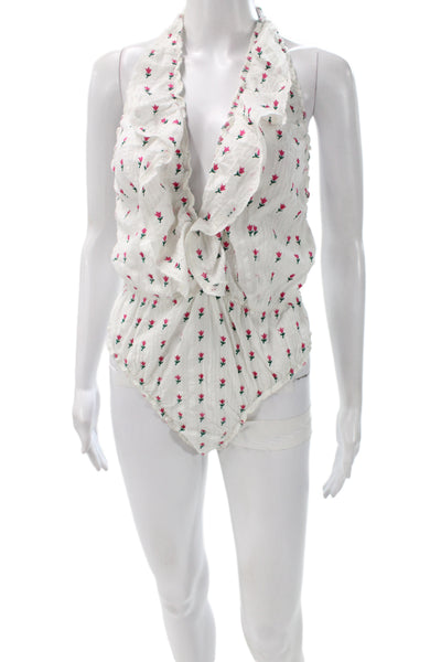 Love Shack Fancy Womens Halter Floral Bodysuit Pink Cotton Sleeveless Size M