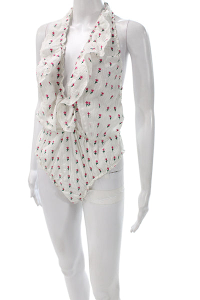 Love Shack Fancy Womens Halter Floral Bodysuit Pink Cotton Sleeveless Size M