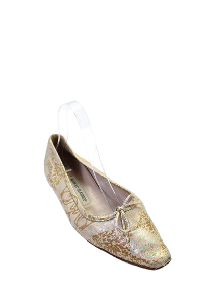 Manolo Blahnik Womens Printed Bow Detail Flats Shoes Gold Combo Size 8.5