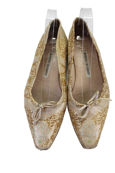 Manolo Blahnik Womens Printed Bow Detail Flats Shoes Gold Combo Size 8.5