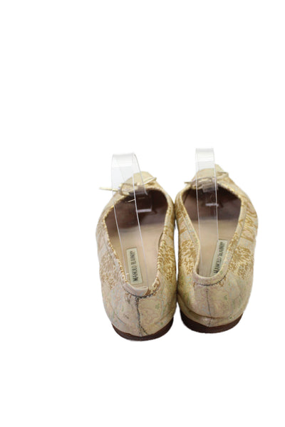 Manolo Blahnik Womens Printed Bow Detail Flats Shoes Gold Combo Size 8.5