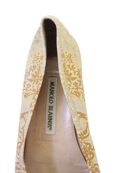 Manolo Blahnik Womens Printed Bow Detail Flats Shoes Gold Combo Size 8.5