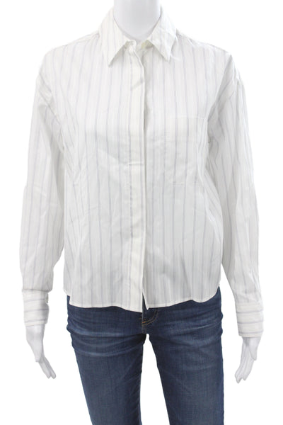 Vince Women Blue Striped Cotton Collared Button-Up Long Sleeve Top Size XS