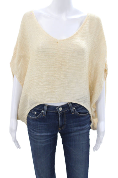 Sunday Best Womens Cropped Linen V Neck Short Sleeve Blouse Beige Size One Size