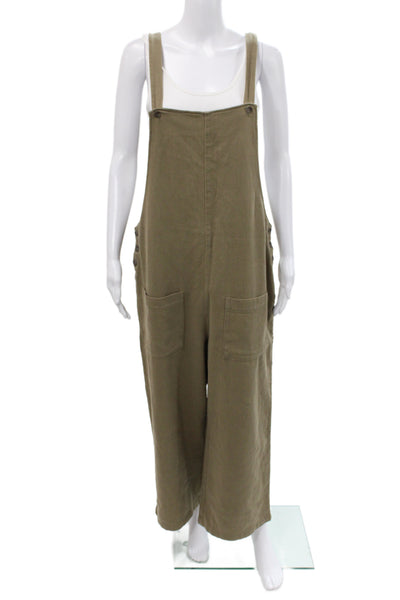 Zara Women Overall Jumpsuit Green Square Neck Sleeveless Cotton Size L