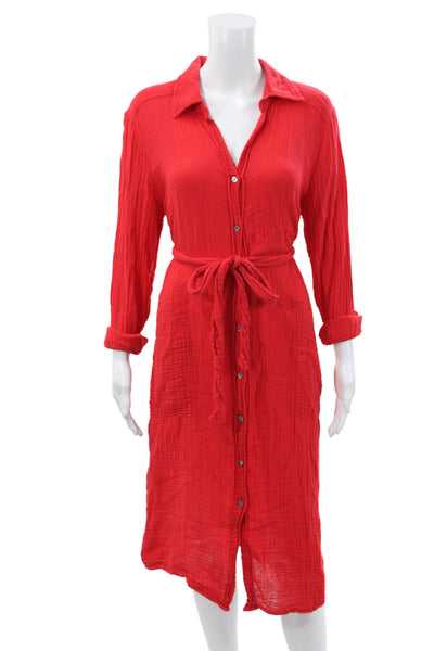 Michael Stars Women Shirt Dress Red Collared Long Sleeve Cotton Midi Size S