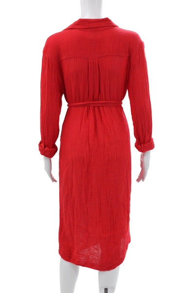 Michael Stars Women Shirt Dress Red Collared Long Sleeve Cotton Midi Size S