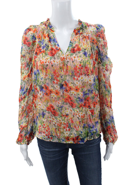 Shoshanna Women Silk V-Neck Floral Long Sleeve Basic Blouse Size S