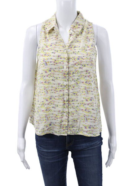 Equipment Femme Women Silk Floral Collared Sleeveless Blouse Beige Size S