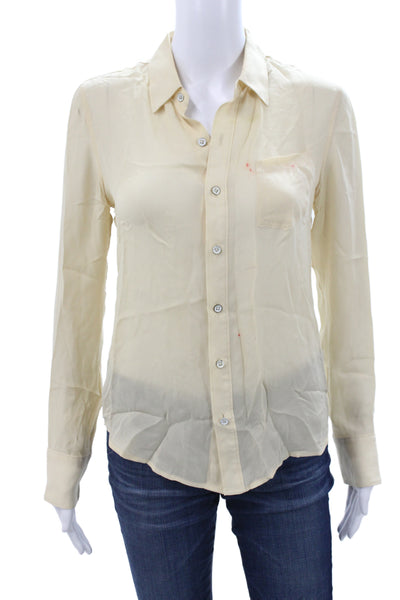 Rag & Bone Women Beige Silk Collared Long Sleeve Basic Blouse Button Size 2