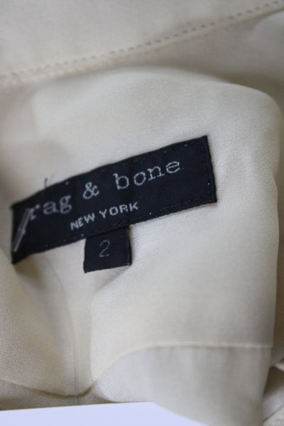 Rag & Bone Women Beige Silk Collared Long Sleeve Basic Blouse Button Size 2
