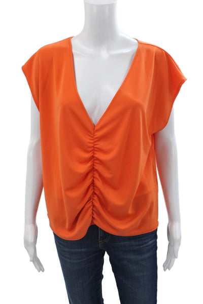 Zara Women Basic Orange V-Neck Cap Sleeve Blouse Polyester Size L