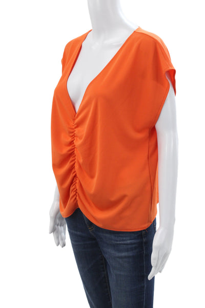 Zara Women Basic Orange V-Neck Cap Sleeve Blouse Polyester Size L