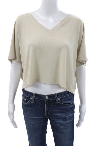 Zara Women Cropped V-Neck T-Shirt Beige Short Sleeve Textured Size M