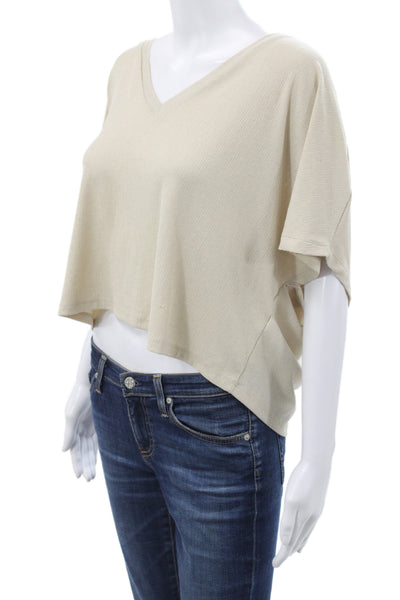 Zara Women Cropped V-Neck T-Shirt Beige Short Sleeve Textured Size M