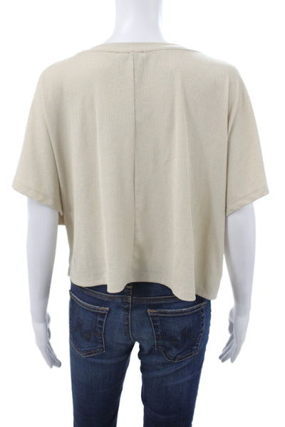 Zara Women Cropped V-Neck T-Shirt Beige Short Sleeve Textured Size M