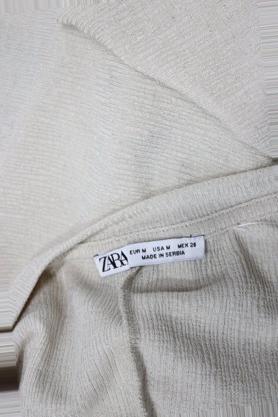 Zara Women Cropped V-Neck T-Shirt Beige Short Sleeve Textured Size M