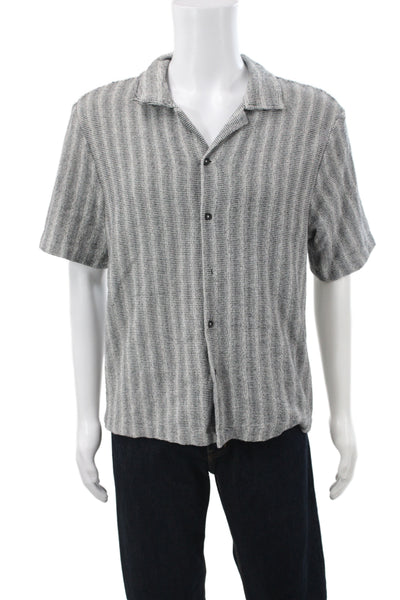 Zara Mens Button Front Short Sleeve Collared Knit Shirt White Black Size Medium