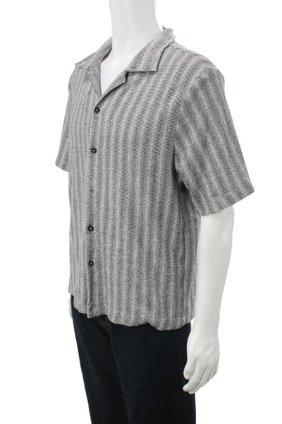 Zara Mens Button Front Short Sleeve Collared Knit Shirt White Black Size Medium