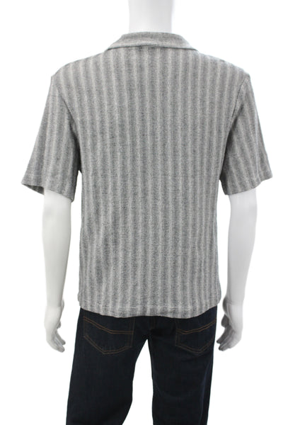 Zara Mens Button Front Short Sleeve Collared Knit Shirt White Black Size Medium