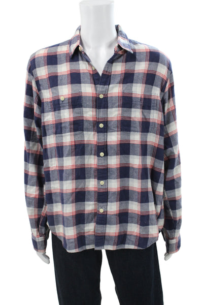 J Crew Mens Button Front Long Sleeve Collared Plaid Shirt Blue White Size XL