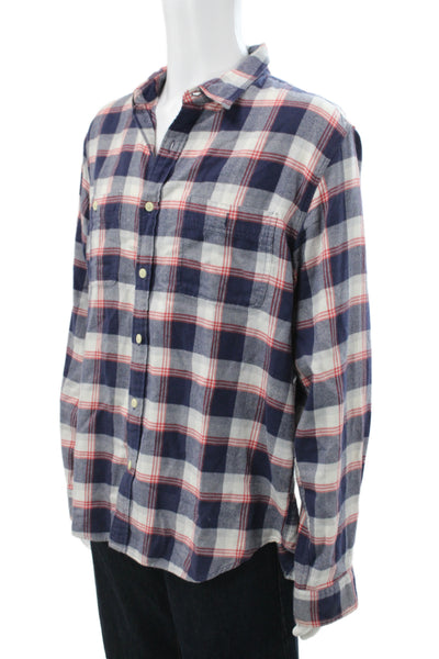 J Crew Mens Button Front Long Sleeve Collared Plaid Shirt Blue White Size XL