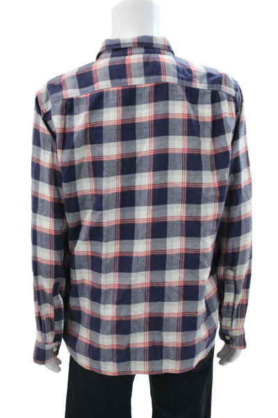 J Crew Mens Button Front Long Sleeve Collared Plaid Shirt Blue White Size XL