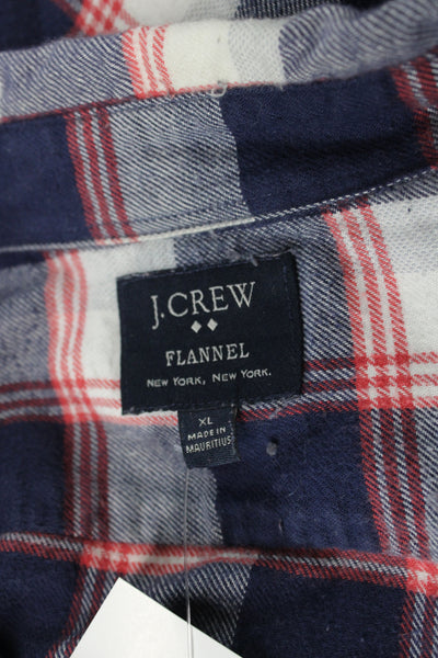 J Crew Mens Button Front Long Sleeve Collared Plaid Shirt Blue White Size XL