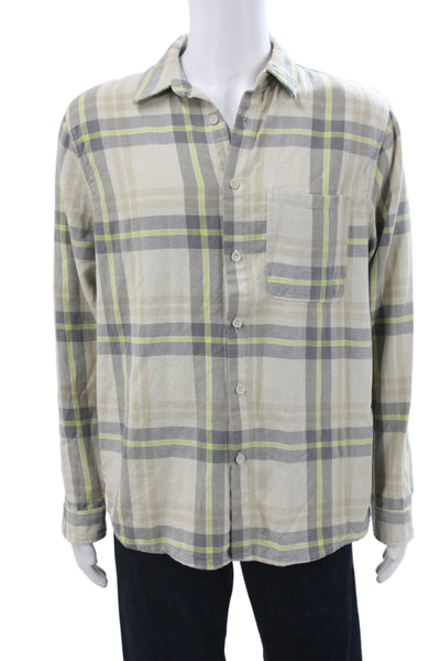Zara Mens Button Front Long Sleeve Collared Plaid Shirt Beige Gray Size Large