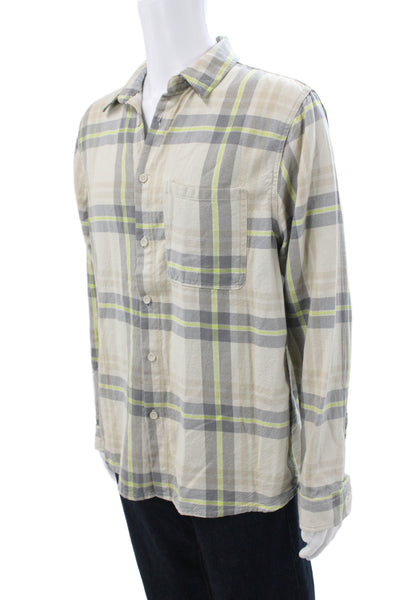 Zara Mens Button Front Long Sleeve Collared Plaid Shirt Beige Gray Size Large