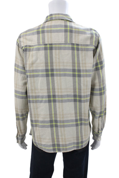 Zara Mens Button Front Long Sleeve Collared Plaid Shirt Beige Gray Size Large