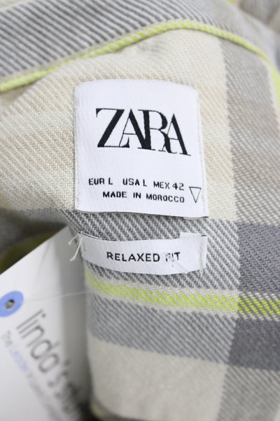 Zara Mens Button Front Long Sleeve Collared Plaid Shirt Beige Gray Size Large