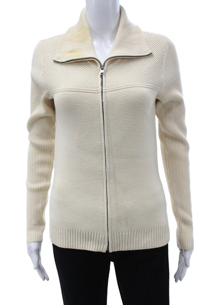 Aether Women Collared Ivory Merino Wool Cardigan Long Sleeve Size S