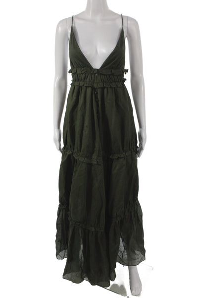 Joslin Womens Maxi Dress Green Linen V-Neck Knee-Length Sleeveless Size 0