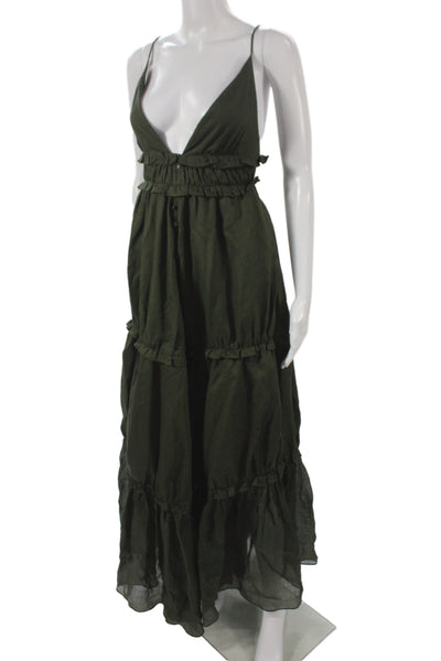Joslin Womens Maxi Dress Green Linen V-Neck Knee-Length Sleeveless Size 0