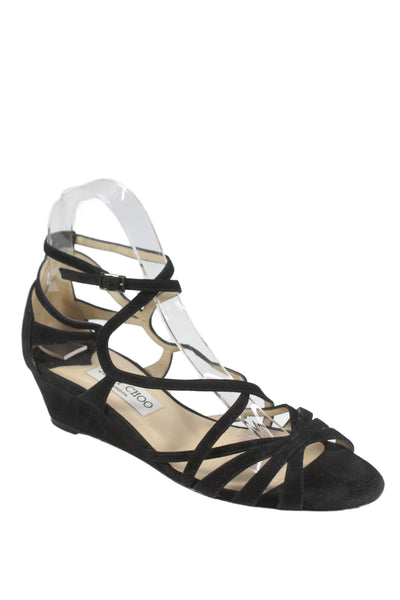 Jimmy Choo Womens Suede Strappy Wedge Heels Black Size 7.5