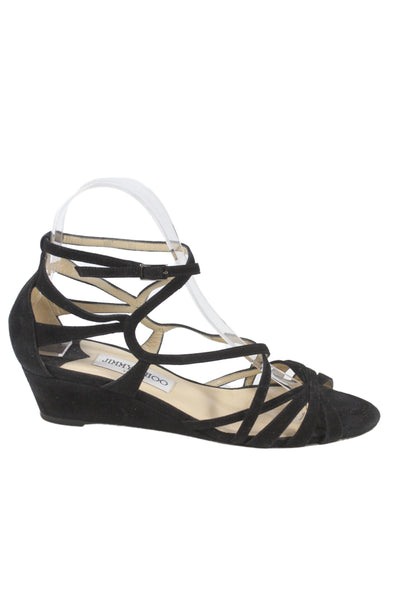 Jimmy Choo Womens Suede Strappy Wedge Heels Black Size 7.5
