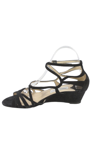Jimmy Choo Womens Suede Strappy Wedge Heels Black Size 7.5