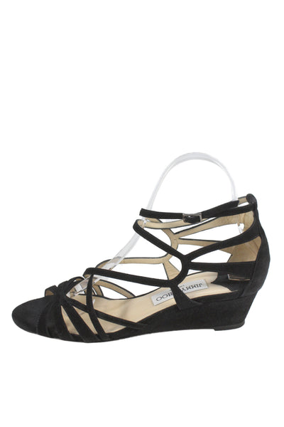 Jimmy Choo Womens Suede Strappy Wedge Heels Black Size 7.5