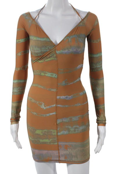 Skims Women Bodycon Dress Brown Tie Dye V-Neck Long Sleeve Size S
