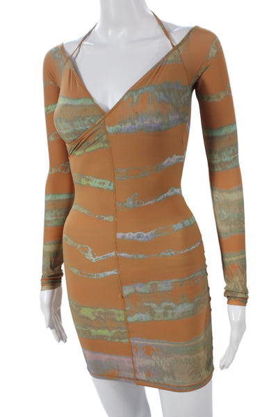 Skims Women Bodycon Dress Brown Tie Dye V-Neck Long Sleeve Size S