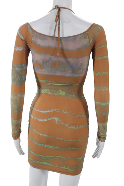 Skims Women Bodycon Dress Brown Tie Dye V-Neck Long Sleeve Size S