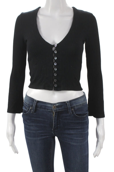 Reformation Womens Cropped Blouse Black V-Neck Long Sleeve Tencel Modal Size XS