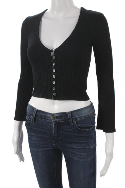 Reformation Womens Cropped Blouse Black V-Neck Long Sleeve Tencel Modal Size XS