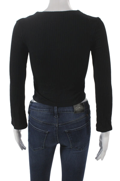 Reformation Womens Cropped Blouse Black V-Neck Long Sleeve Tencel Modal Size XS