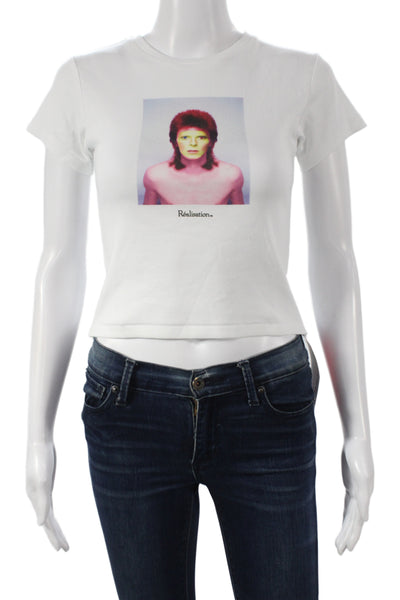 Realisation Womens Cropped White David Bowie Crew Neck T-Shirt Size 2XS